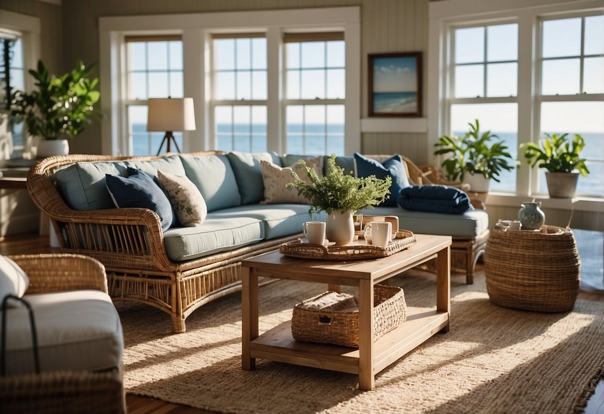 A cozy coastal living room with a large, comfortable sofa, rattan chairs, and a rustic coffee table. Sunlight streams in through the windows, highlighting the nautical decor and ocean-inspired color palette