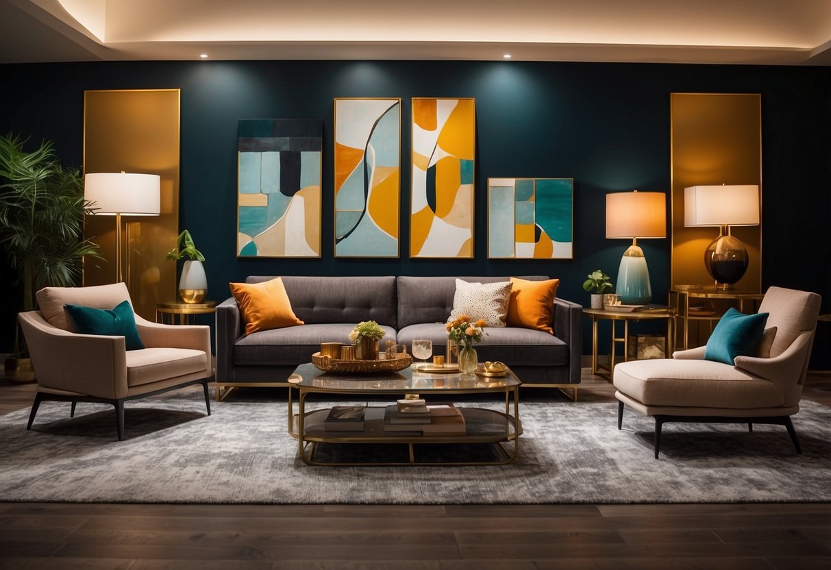 A modern furniture store with sleek displays and vibrant colors. Abstract art adorns the walls, while trendy lighting fixtures illuminate the space