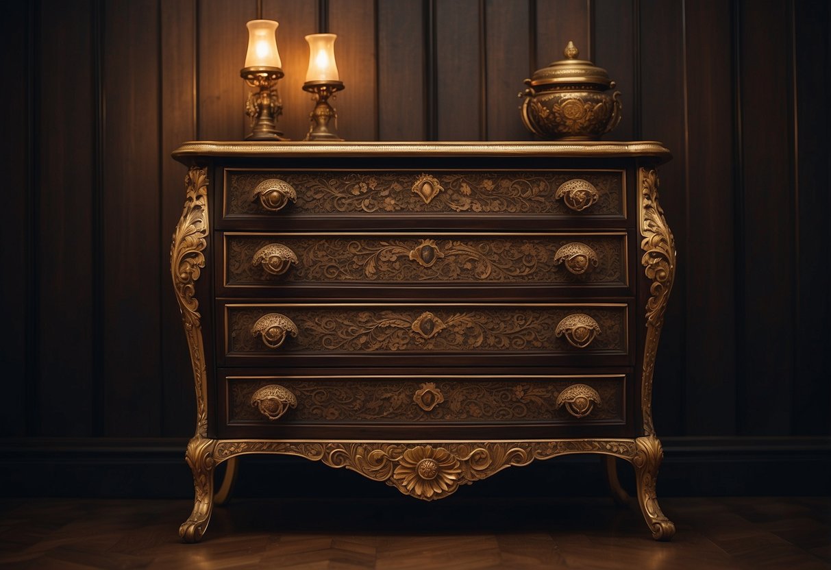 An antique commode sits in a dimly lit room, adorned with intricate carvings and brass hardware, surrounded by vintage decor