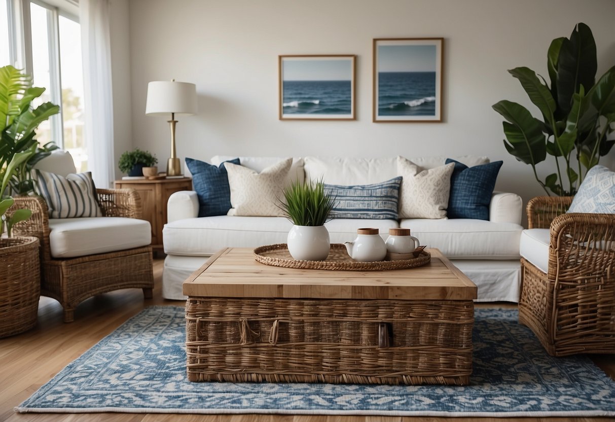 A coastal living room with functional furnishings: a weathered wood coffee table, a wicker armchair, and a nautical-themed area rug
