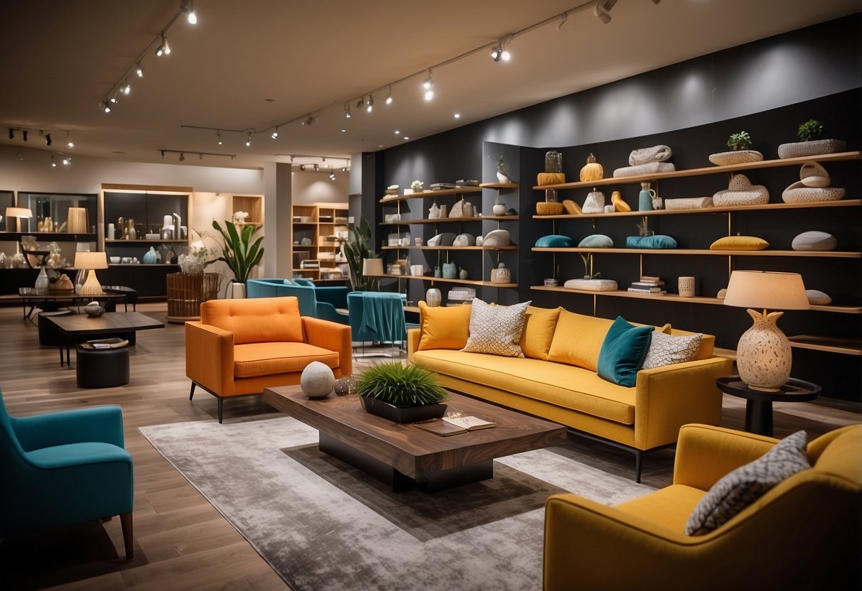 A modern furniture store with sleek designs and vibrant colors. Shelves display unique pieces, while customers browse and admire the contemporary decor