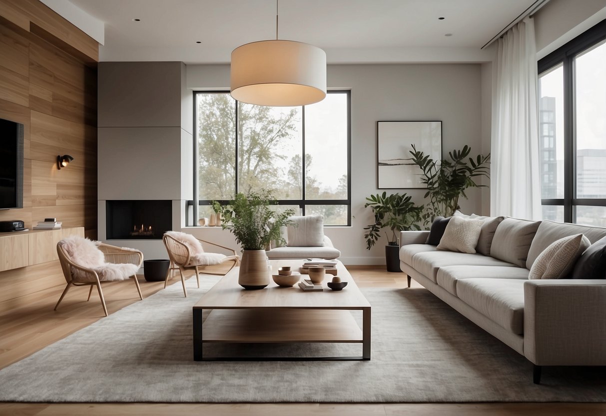 A modern living room with sleek, minimalist furniture from an Amazon furniture brand. Clean lines, neutral colors, and a cozy atmosphere