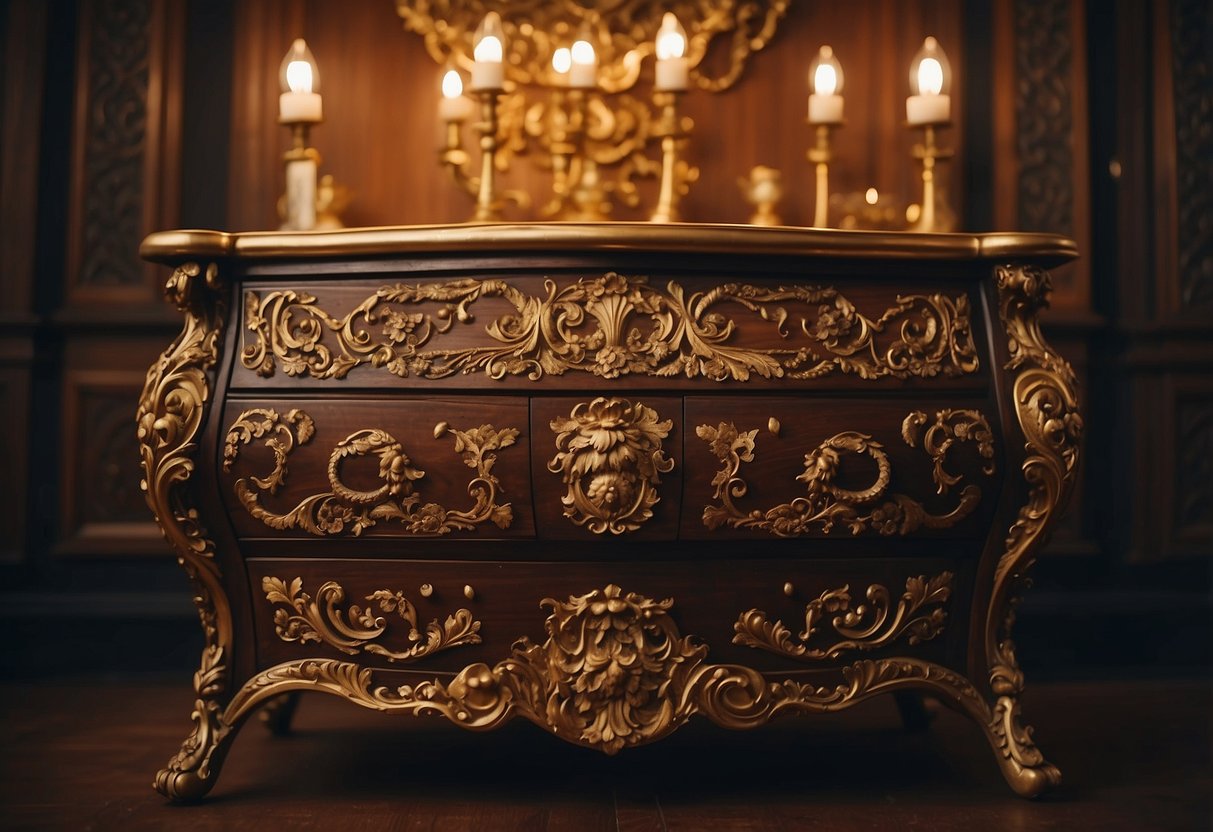 A grand, ornate commode sits in a lavish, candle-lit room, surrounded by other antique furniture pieces. Rich wood and intricate carvings showcase the evolution of commode design