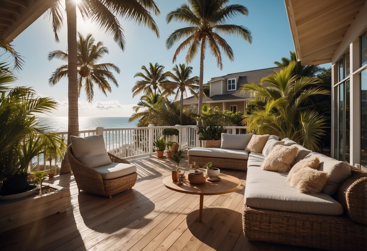 A cozy beach house with modern coastal furniture, surrounded by palm trees and overlooking the ocean