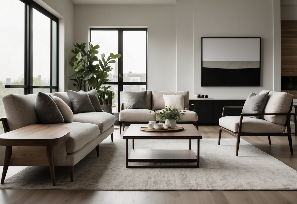 A sleek, minimalist living room with clean lines and neutral colors. A modern sofa, coffee table, and chairs are arranged in a symmetrical layout