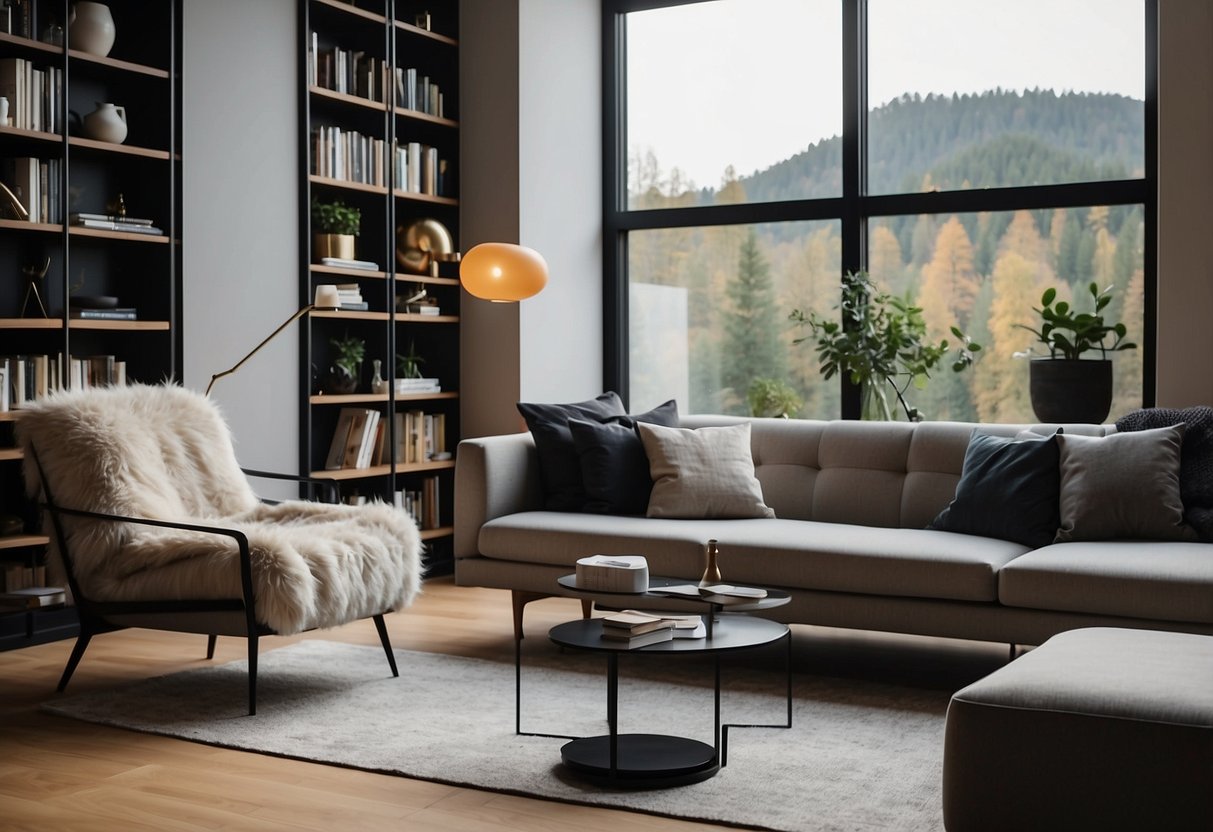 A cozy living room with a modern sofa, sleek coffee table, and stylish accent chair. A minimalist bookshelf and trendy floor lamp complete the space