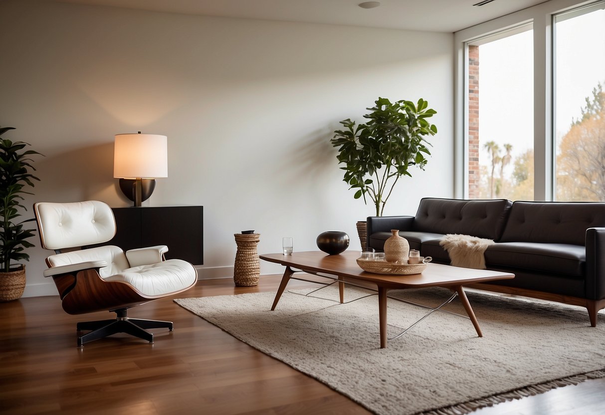 A sleek, minimalist living room with a mid-century modern sofa, clean lines, and a neutral color palette. A replica Eames lounge chair and a Noguchi coffee table complete the scene
