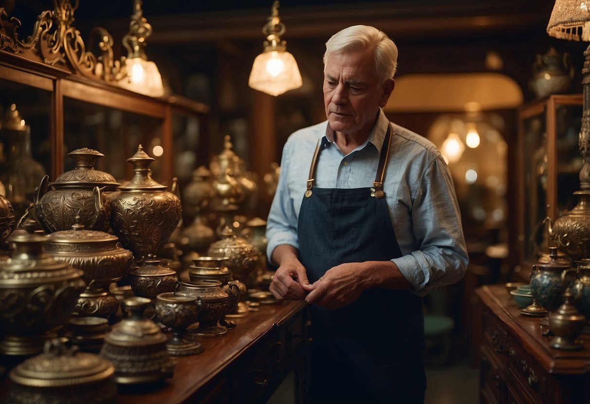 A customer examines a variety of antique commodes in a dimly lit, cluttered antique shop. The furniture is ornately carved and adorned with intricate details