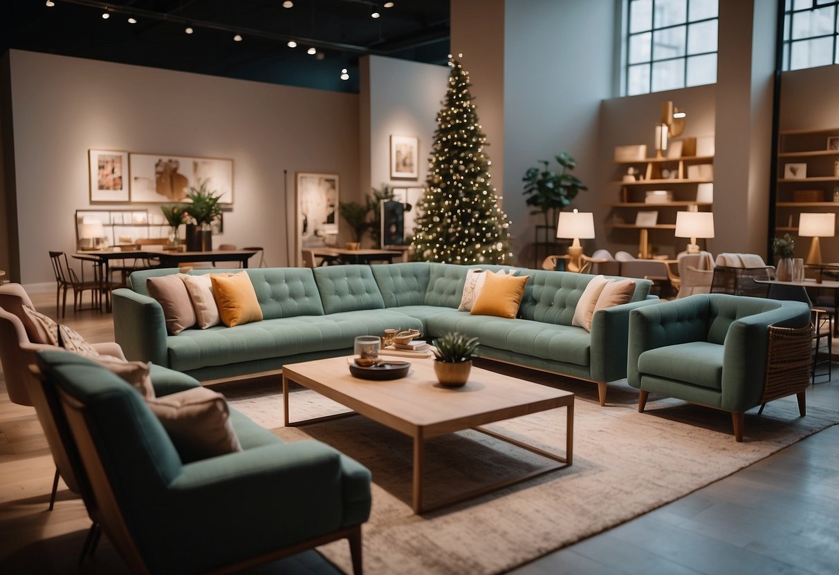 A spacious, modern furniture store with sleek displays and cozy seating areas. Bright lighting and trendy decor create an inviting atmosphere for browsing and shopping