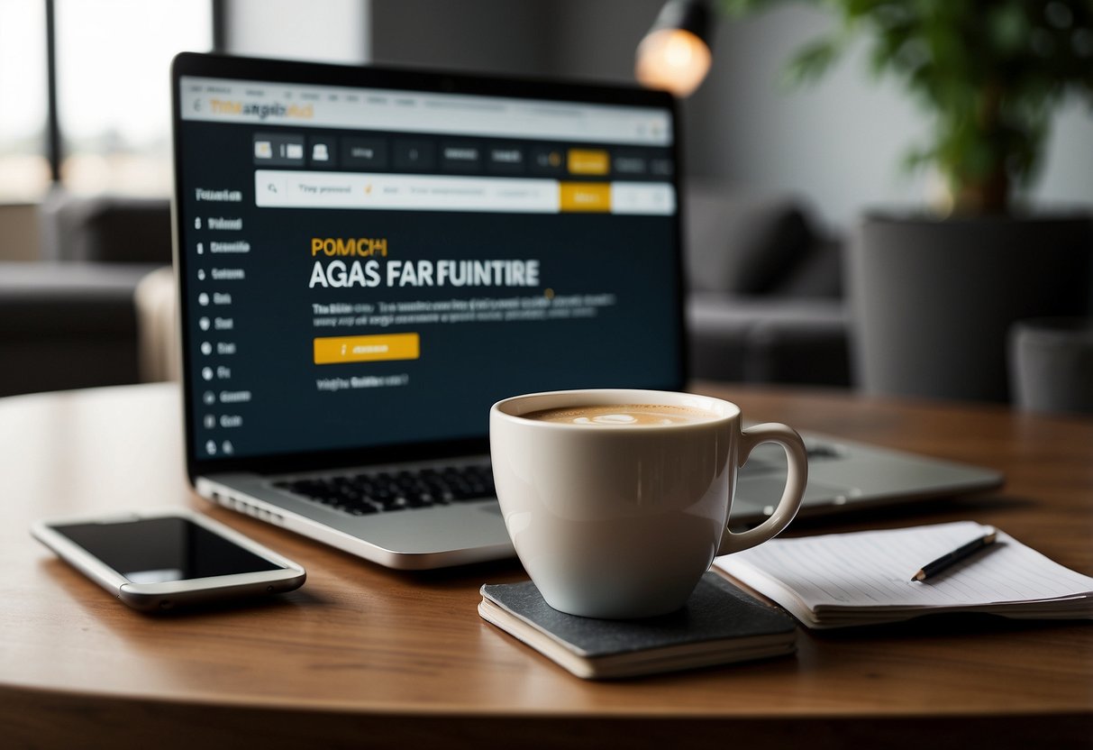 A stack of FAQs on an Amazon furniture brand's website, with a laptop and a cup of coffee nearby