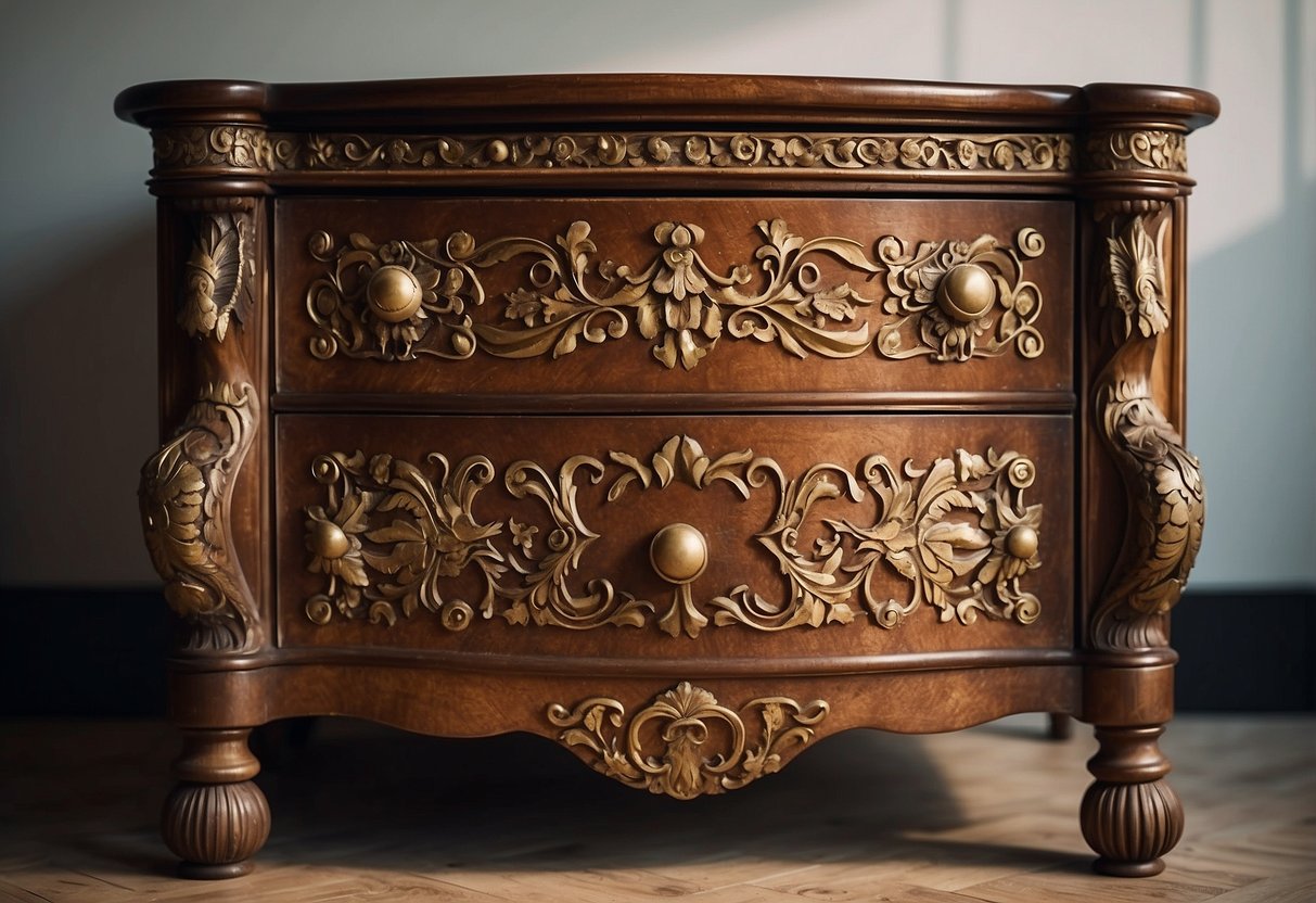 An antique commode furniture piece stands in a well-lit room, adorned with intricate carvings and brass hardware. A small sign reads "Frequently Asked Questions" above it
