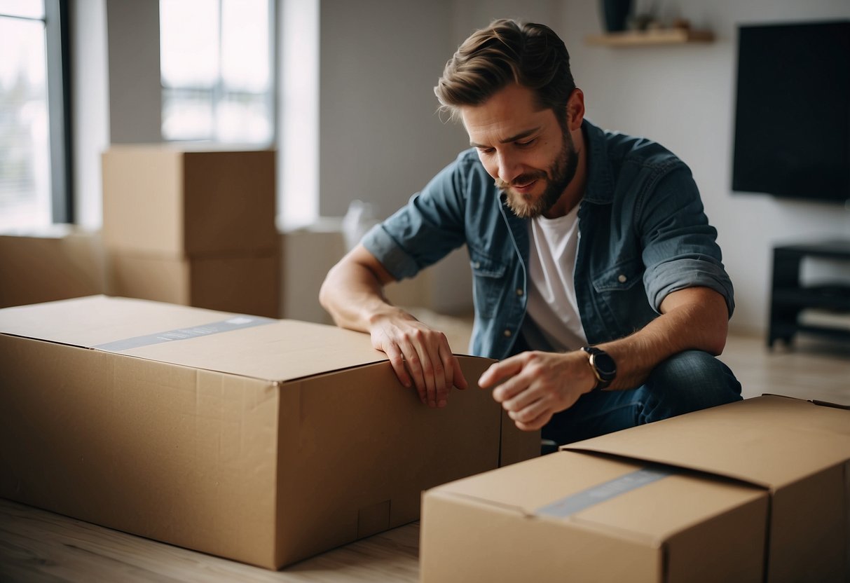 A person unboxing and assembling a modern furniture piece, then placing it in a well-lit and organized living space