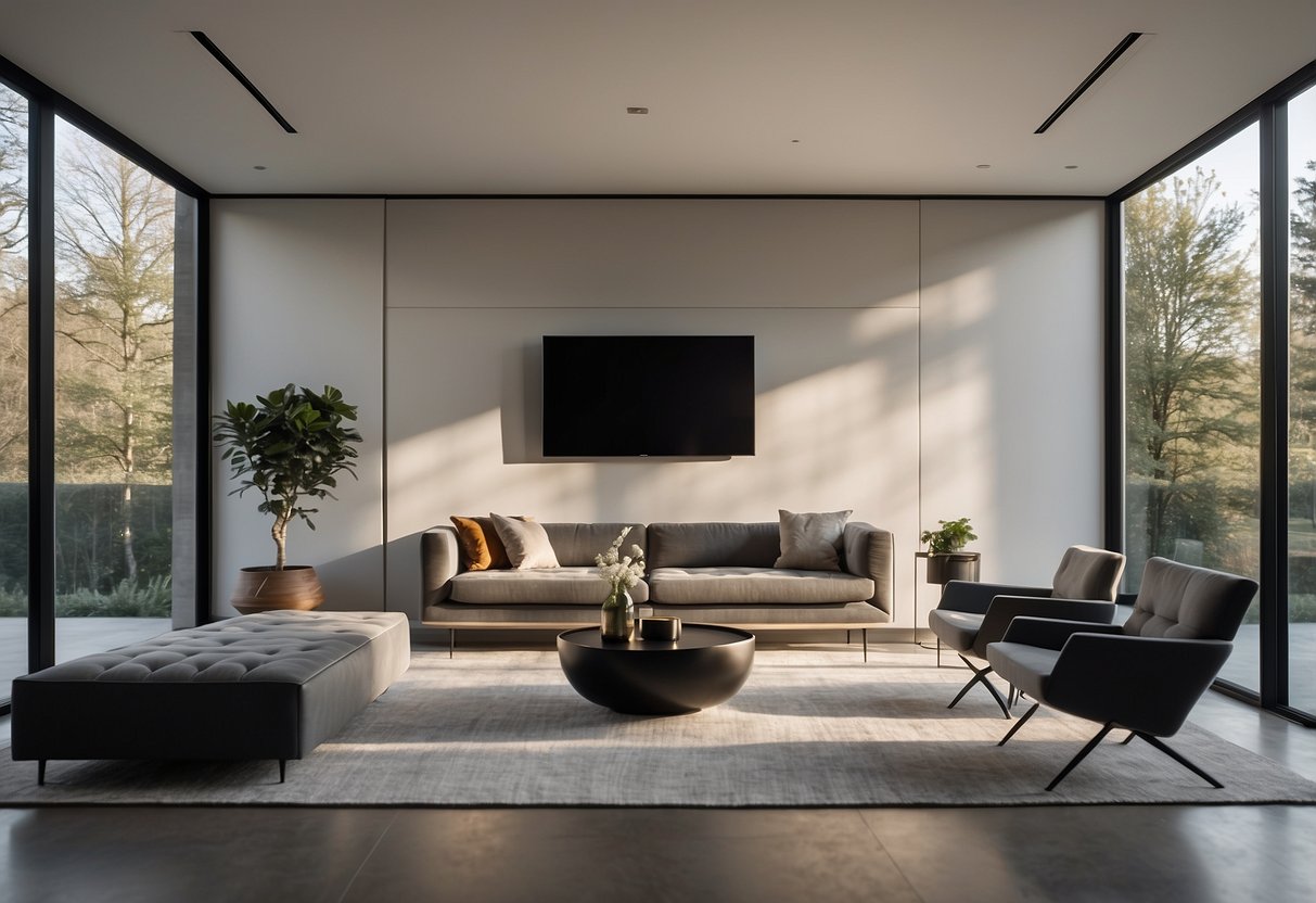 A sleek, minimalist living room with clean lines and modern furniture arranged in a symmetrical layout. Light pours in through large windows, illuminating the space
