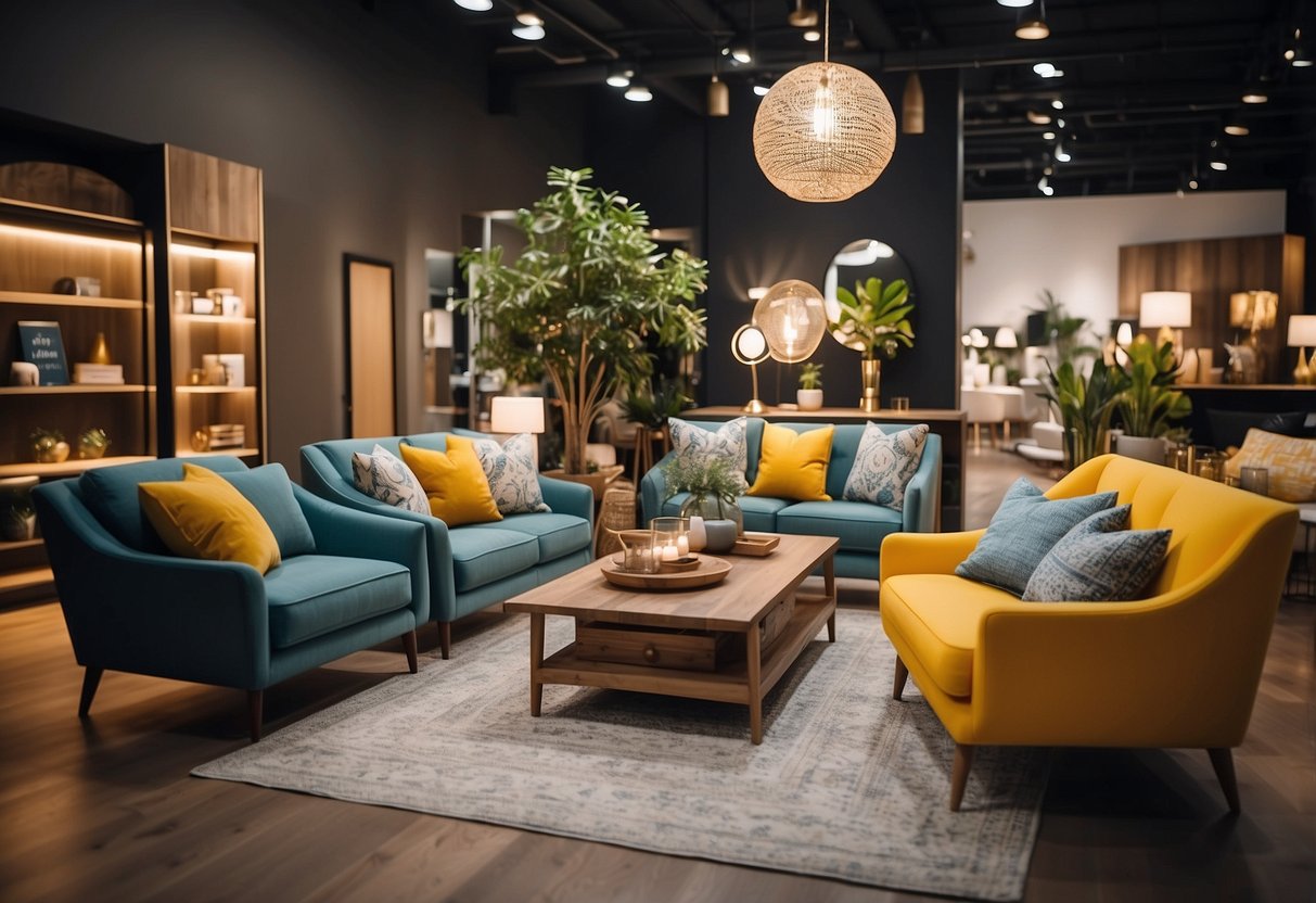 A bustling furniture store with colorful displays and modern designs. Customers browse and chat with staff. Bright lights illuminate the space