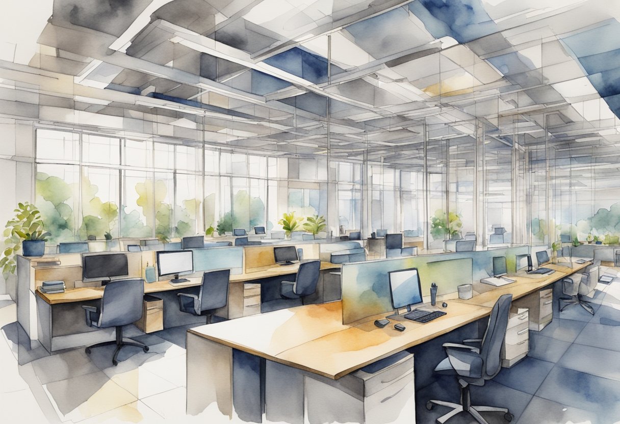 A modern office space with interconnected departments and clear lines of communication, showcasing a functional organizational structure