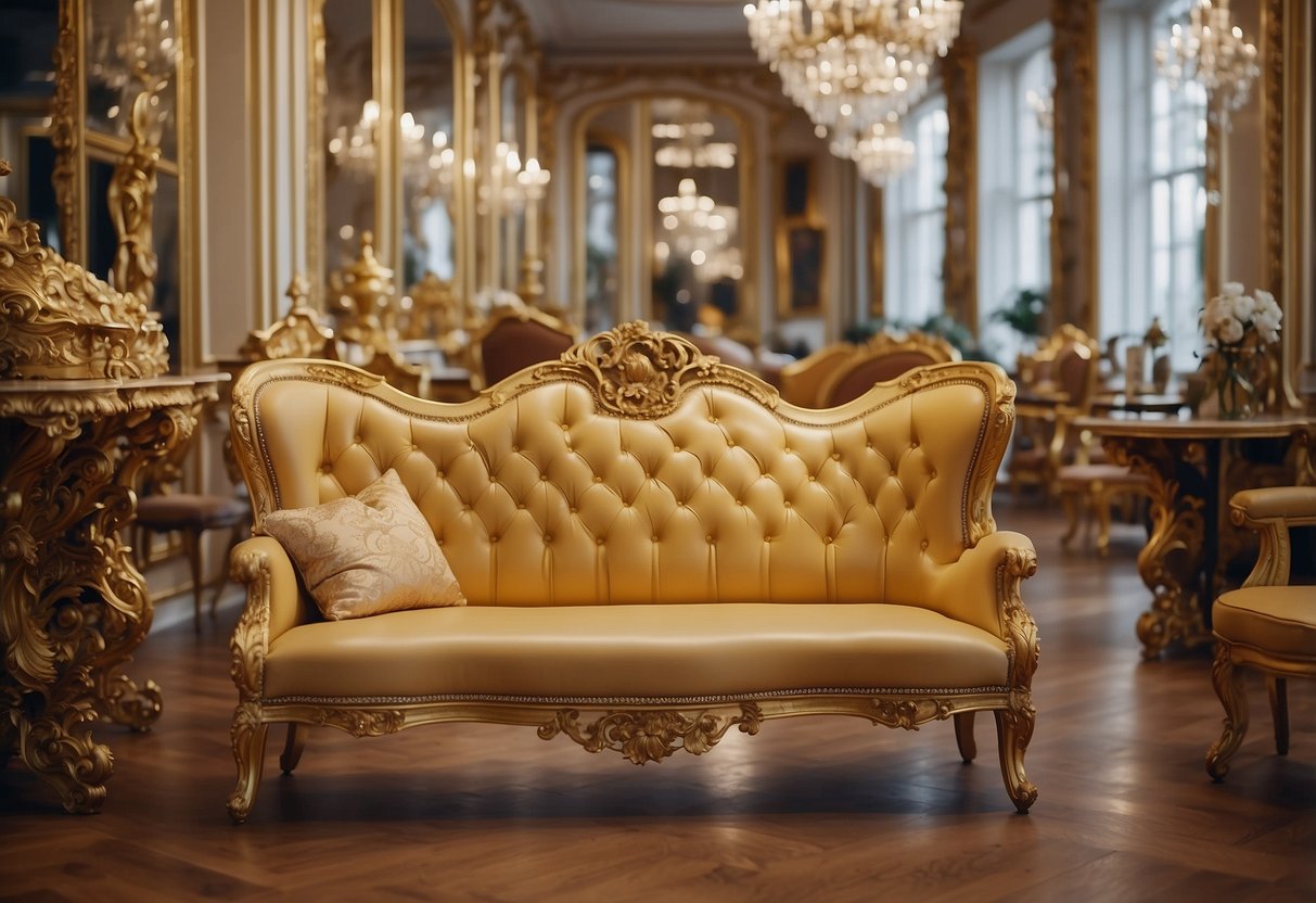 A showroom filled with ornate rococo furniture for sale. Elaborate carvings, gilded details, and plush upholstery adorn the pieces