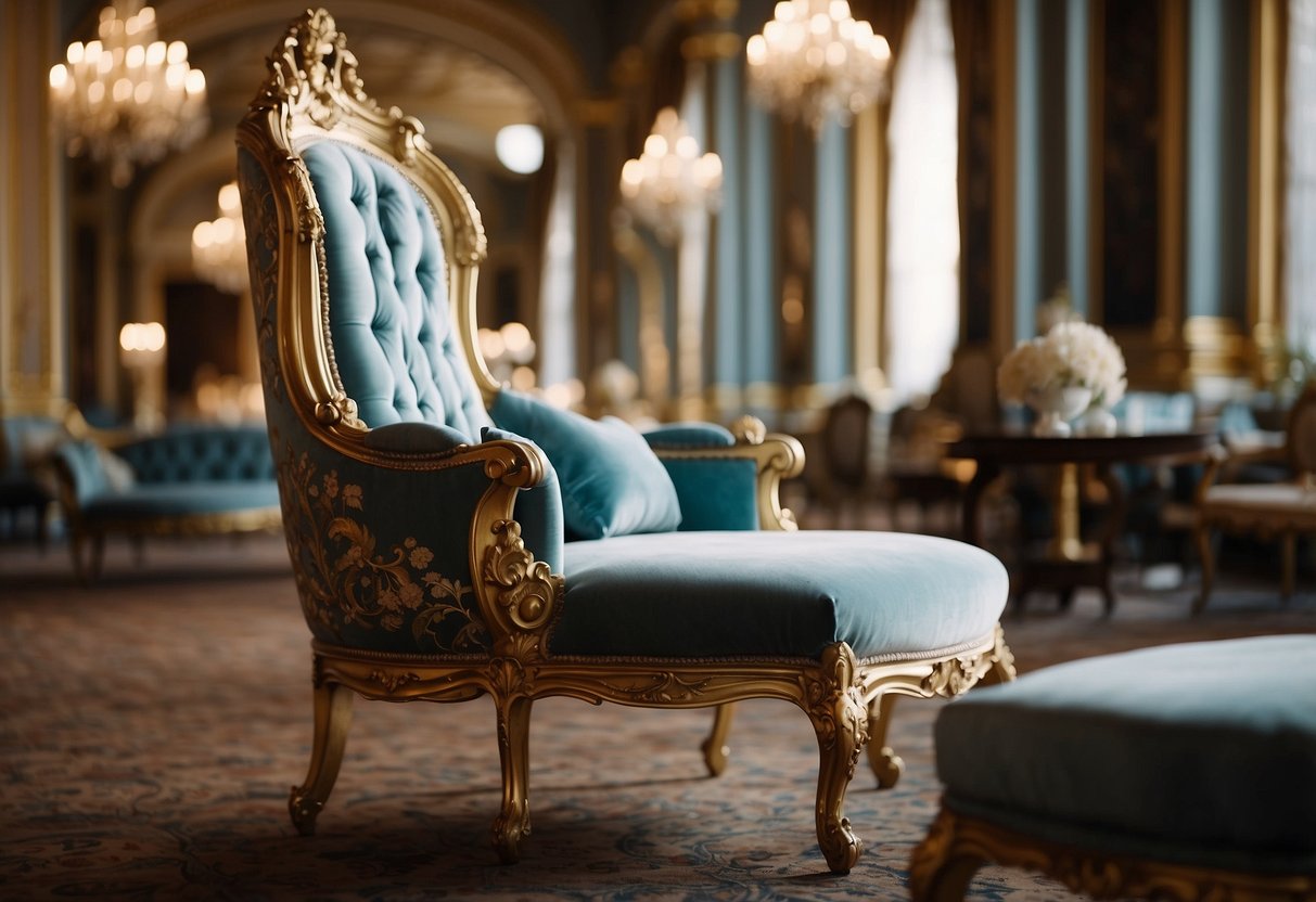 A lavish Rococo chair sits in a grand ballroom, adorned with intricate carvings and gilded accents. Nearby, a delicate chaise lounge beckons with its graceful curves and plush upholstery