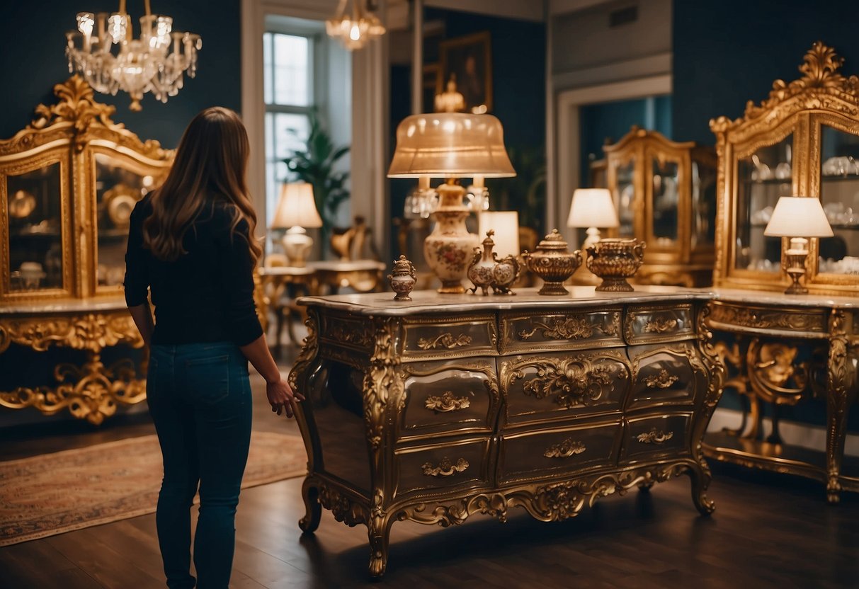 A person browsing ornate rococo furniture in a showroom, selecting pieces for purchase and arranging for delivery
