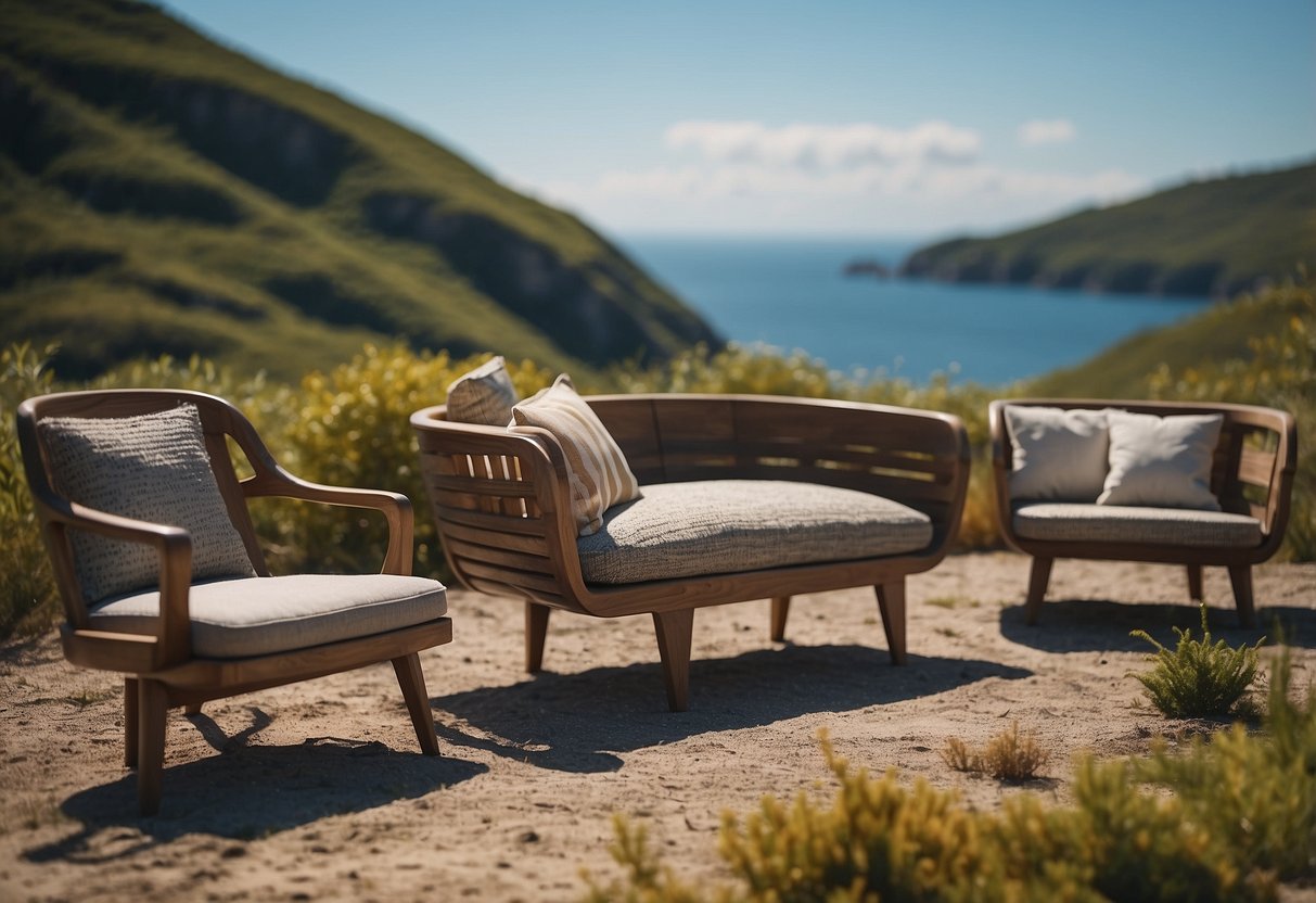 A collection of unique, handcrafted furniture pieces scattered across a picturesque archipelago landscape