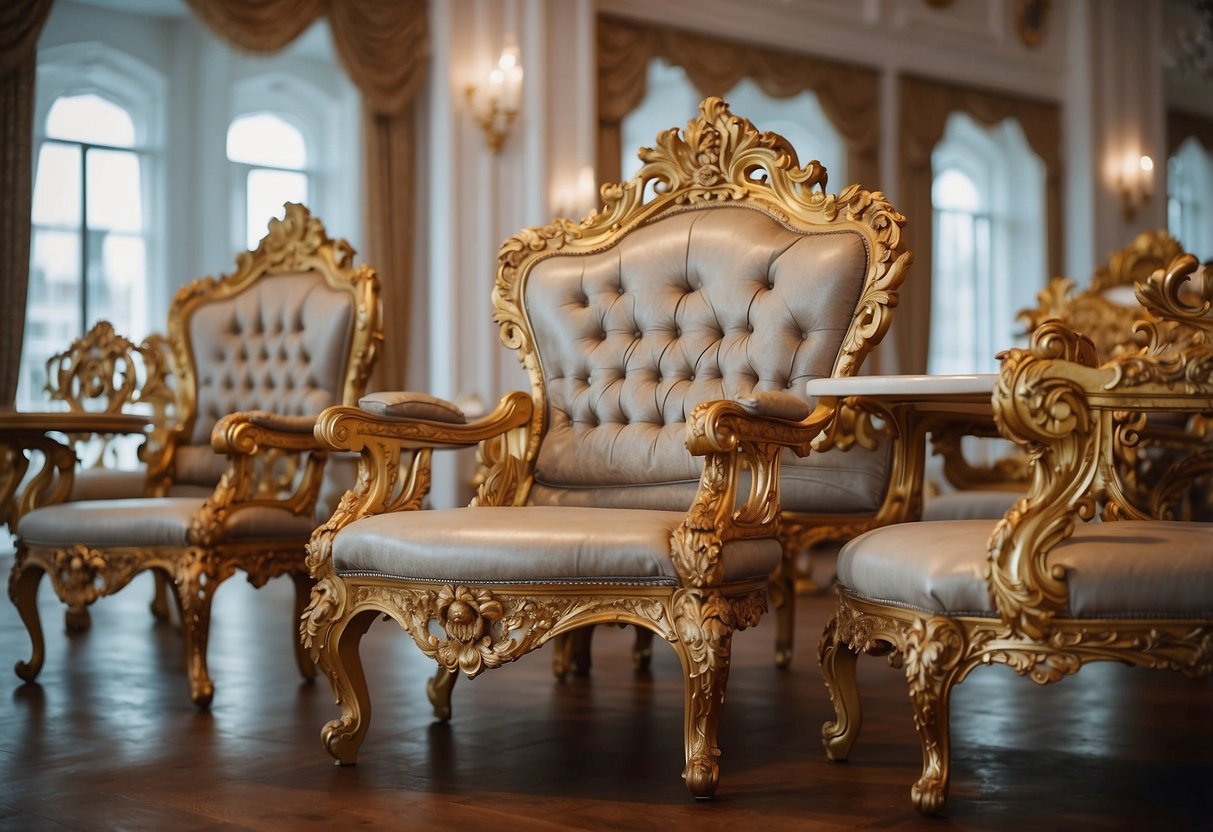 A lavish rococo chair and table set displayed in a grandiose showroom. Intricate carvings and gilded accents adorn the ornate furniture pieces