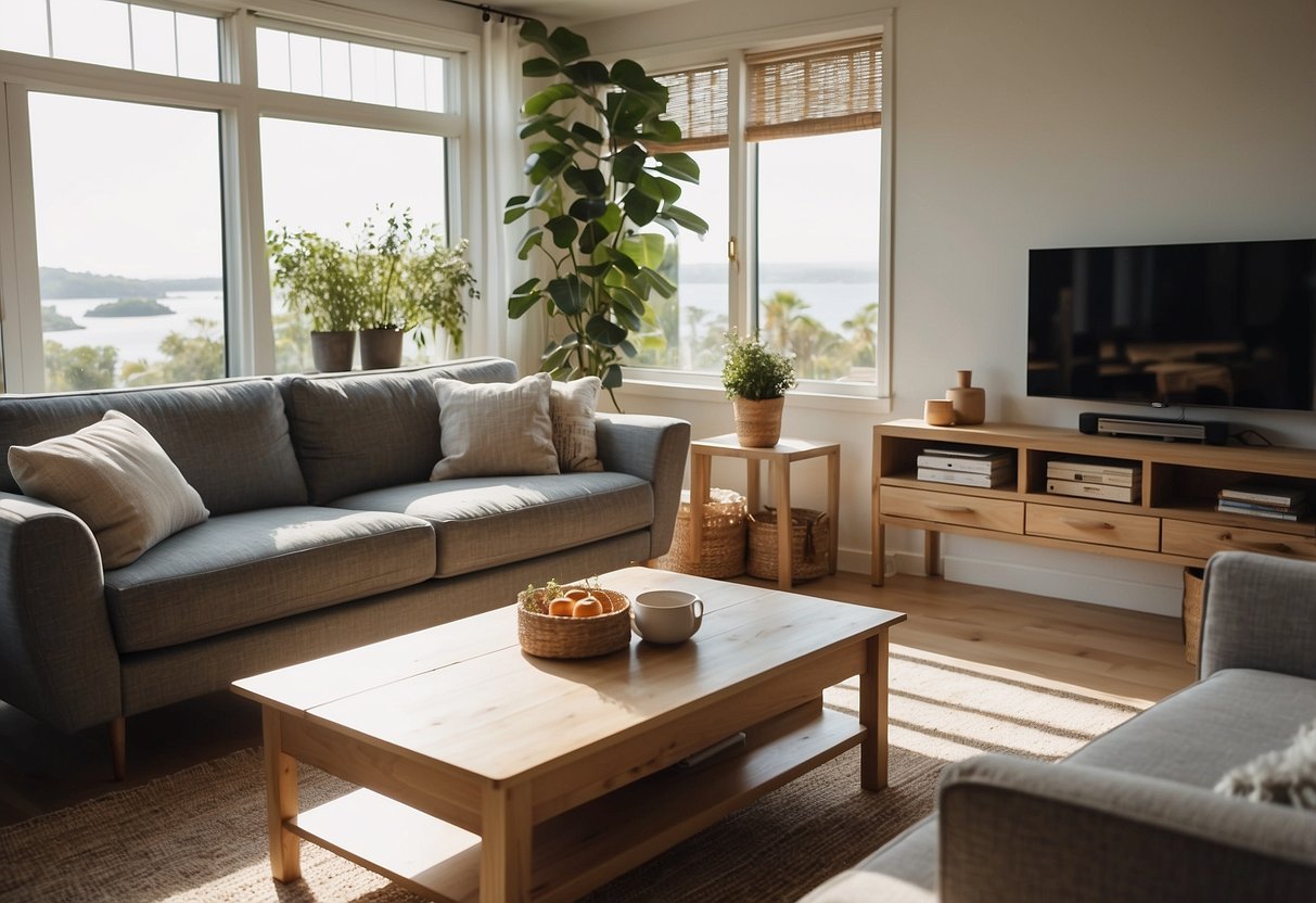 A cozy living room with modern archipelago furniture, featuring a sleek sofa, a wooden coffee table, and a stylish armchair. Sunlight streams in through large windows, casting a warm glow over the room