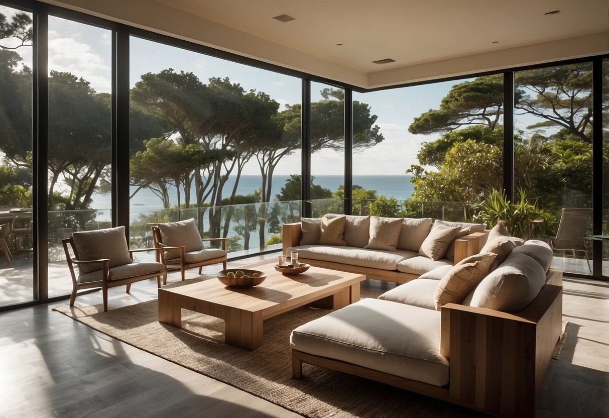 A sunlit living room with modern archipelago furniture, featuring sleek lines and natural materials, set against a backdrop of lush greenery and a panoramic view of the ocean