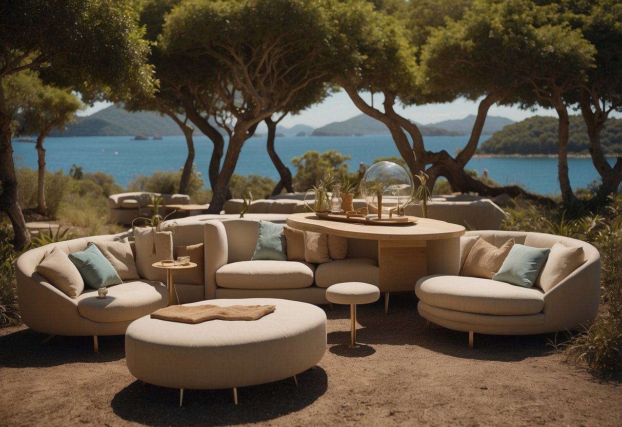 A group of islands with unique furniture pieces scattered across the landscape. Each piece is labeled with a question mark, creating a sense of curiosity and exploration