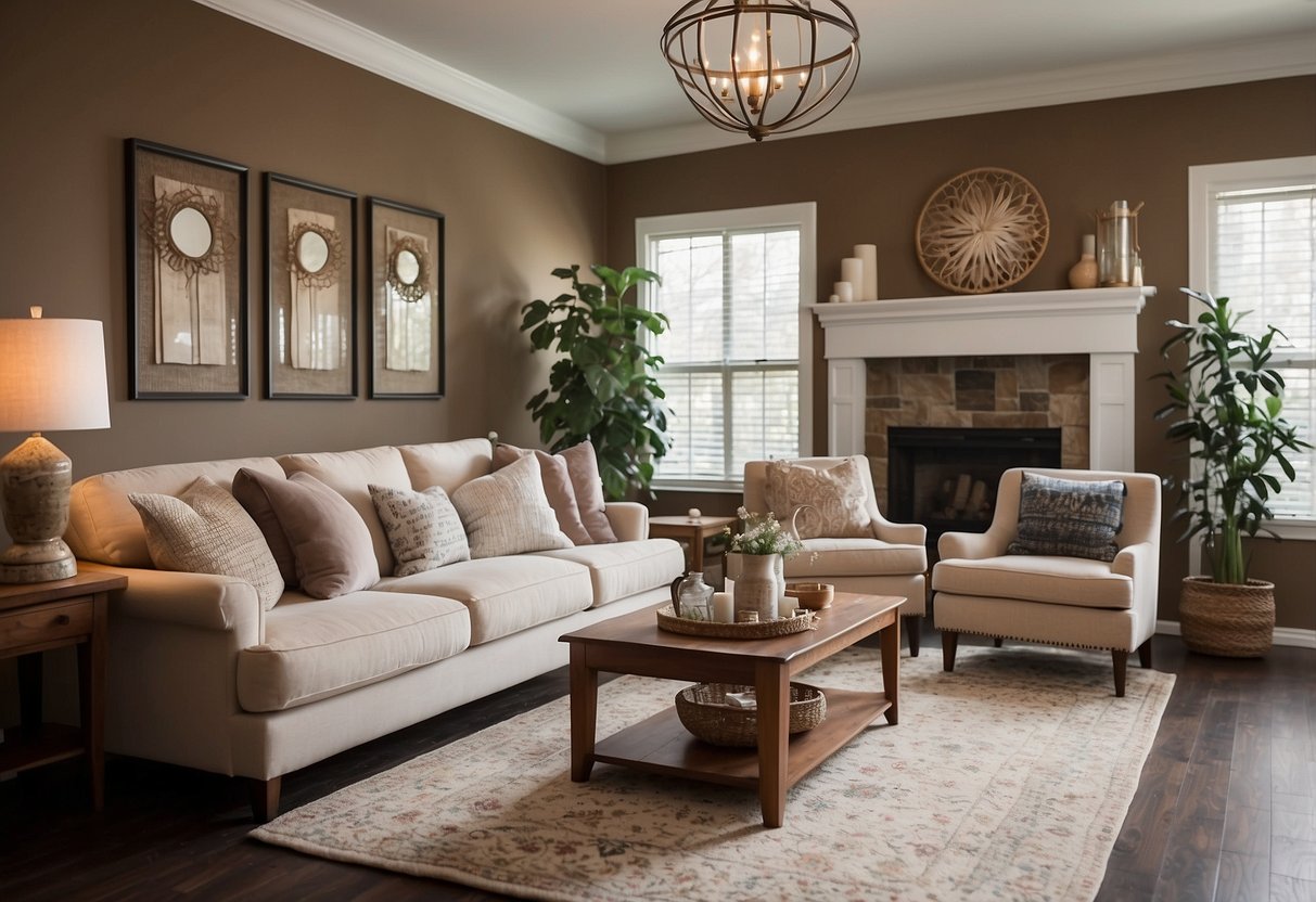 A cozy living room with brown walls and a neutral-colored sofa and armchairs. A pop of color is added with decorative pillows and a rug