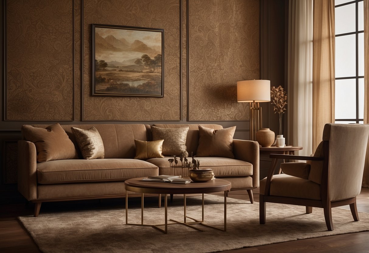 Brown walls adorned with textured wallpaper, complemented by rich wooden furniture in warm tones, accented with plush, earthy-colored upholstery