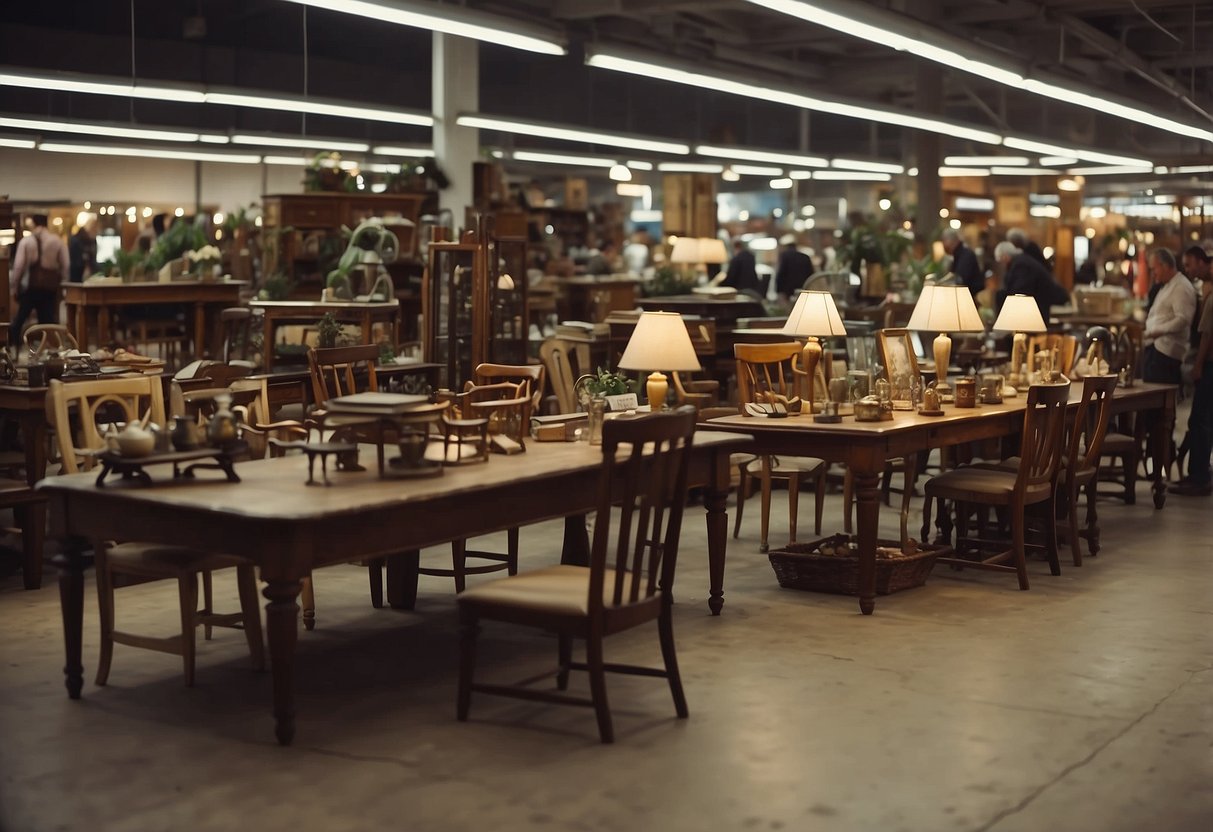 A bustling marketplace with various second-hand furniture items displayed for sale. Customers browse through the assortment of tables, chairs, and cabinets, while vendors engage in haggling and negotiations