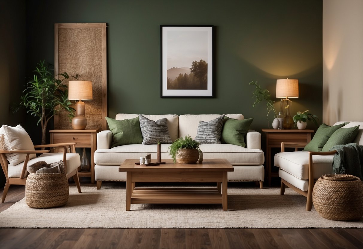 Brown walls with a mix of earthy tones in furniture. A neutral color palette with accents of green or blue. Textured fabrics and natural materials for a cozy, inviting feel