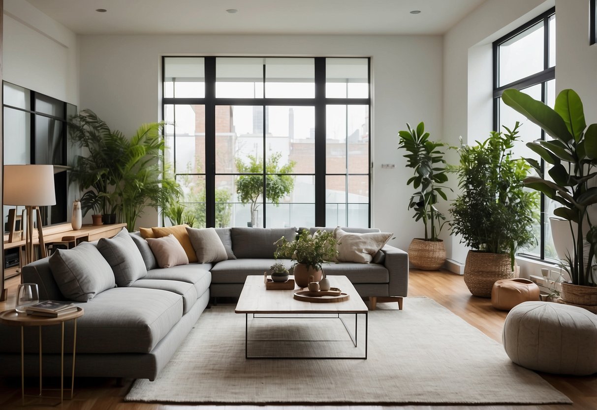 A modern living room with sleek, minimalist furniture arranged in a stylish and inviting manner. The space is well-lit with natural light, and there are plants and decorative accents to add warmth and personality to the room