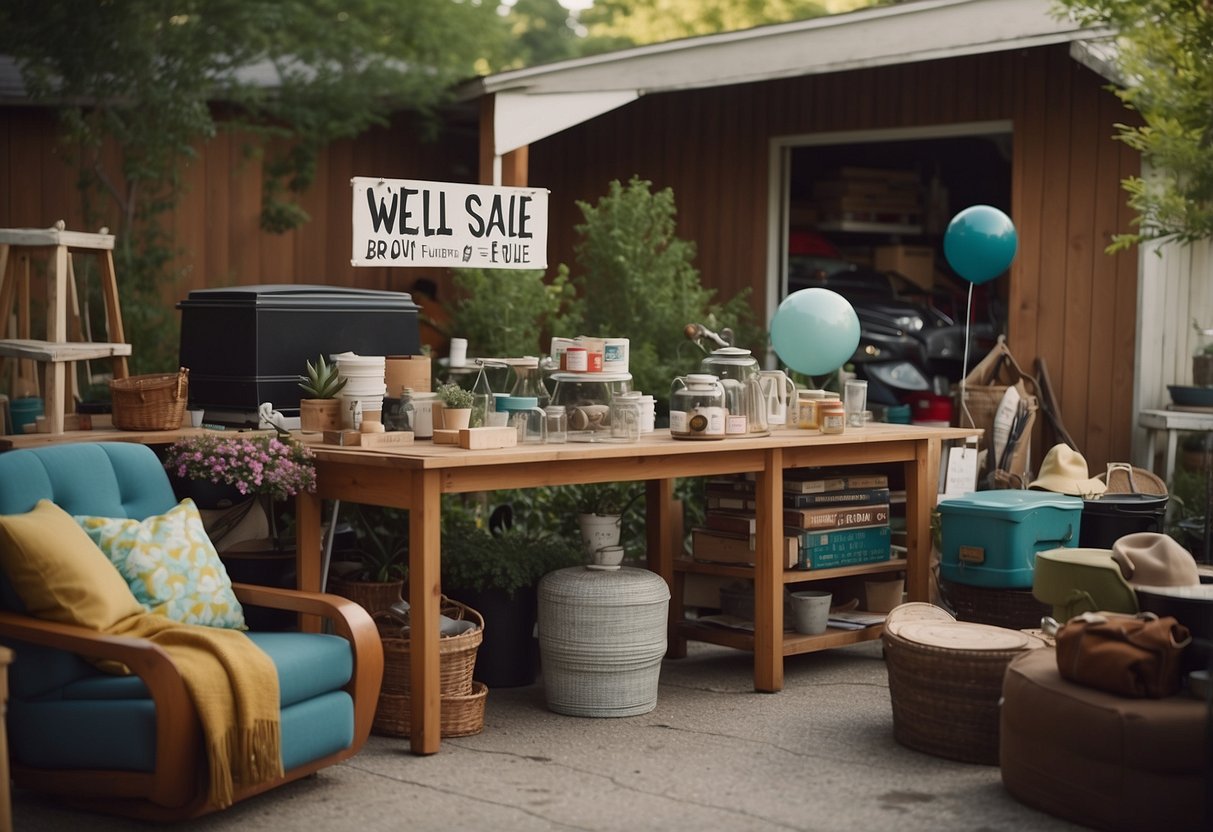 A well-organized garage sale with neatly displayed second-hand furniture, clear price tags, and a welcoming sign