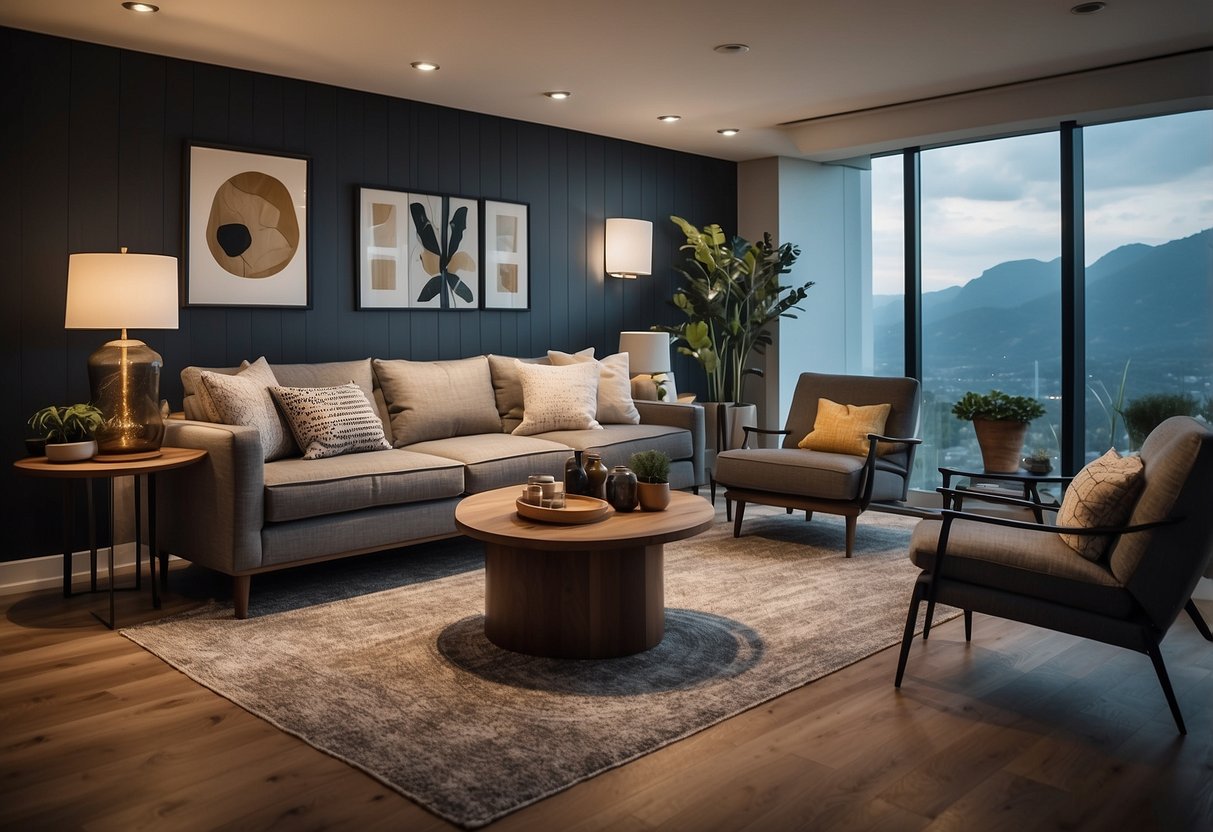 A cozy living room with modern furniture options displayed in a showroom setting, with various styles and colors to choose from