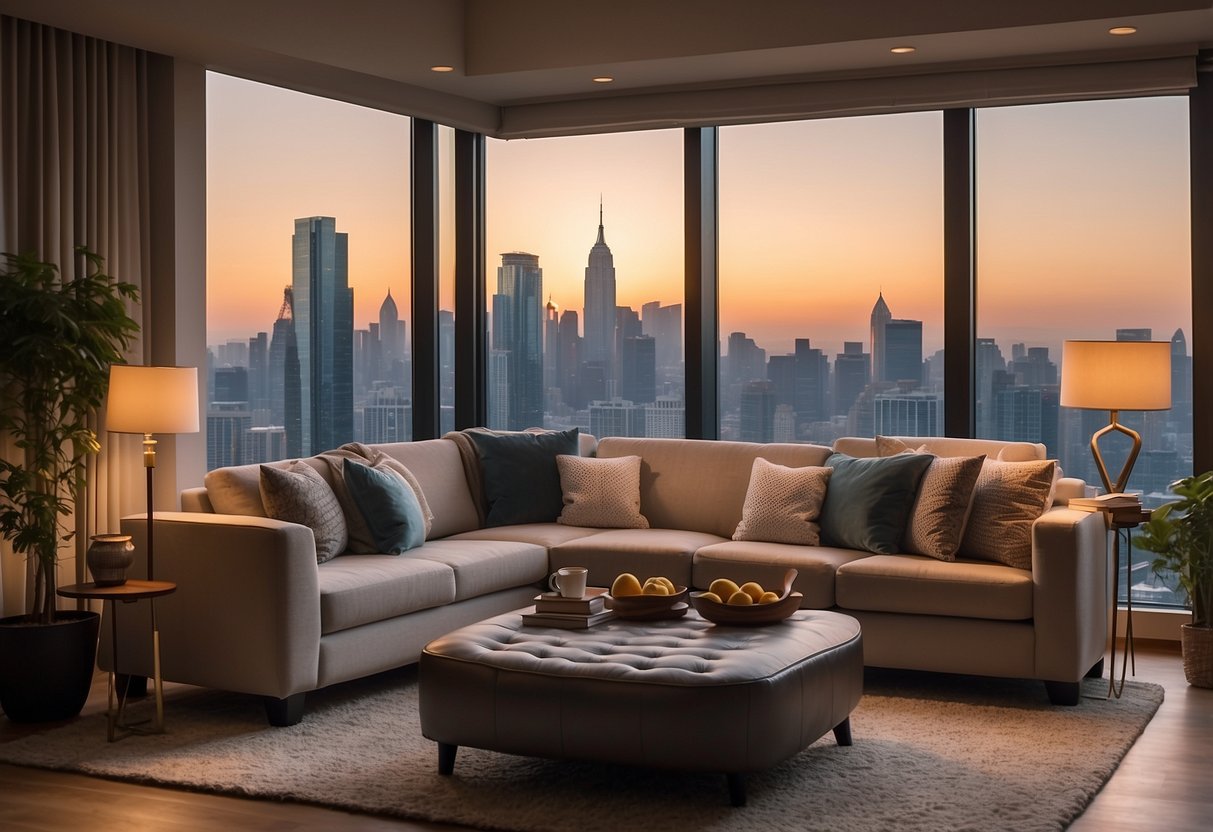 A cozy living room with modern Ashley furniture, soft lighting, and a city view through the window