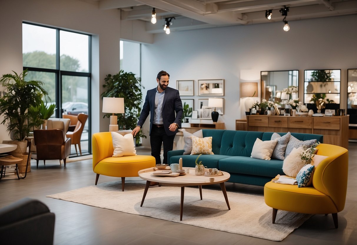 A bright, modern showroom displaying a variety of stylish furniture pieces, with a friendly staff member assisting a customer in choosing the perfect rental items