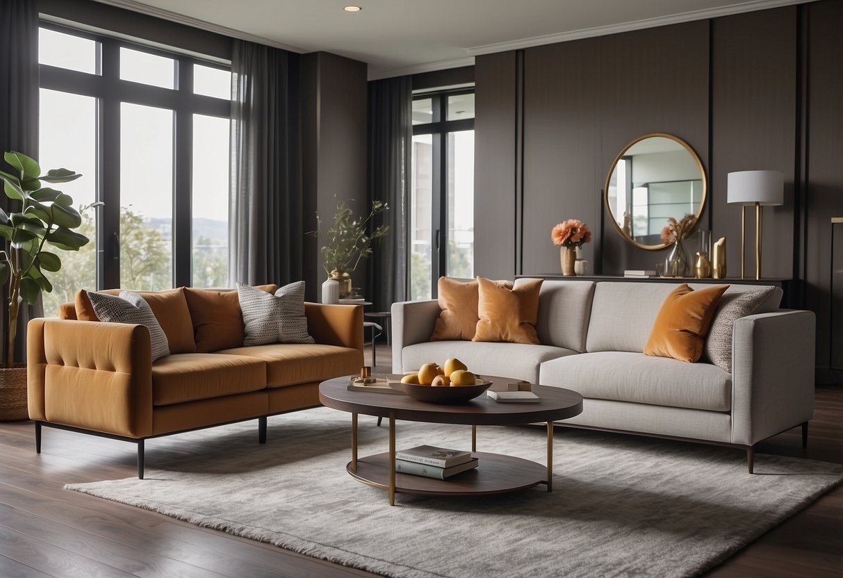 A modern living room with stylish furniture pieces arranged in an inviting layout, showcasing a sleek sofa, elegant coffee table, and trendy accent chairs
