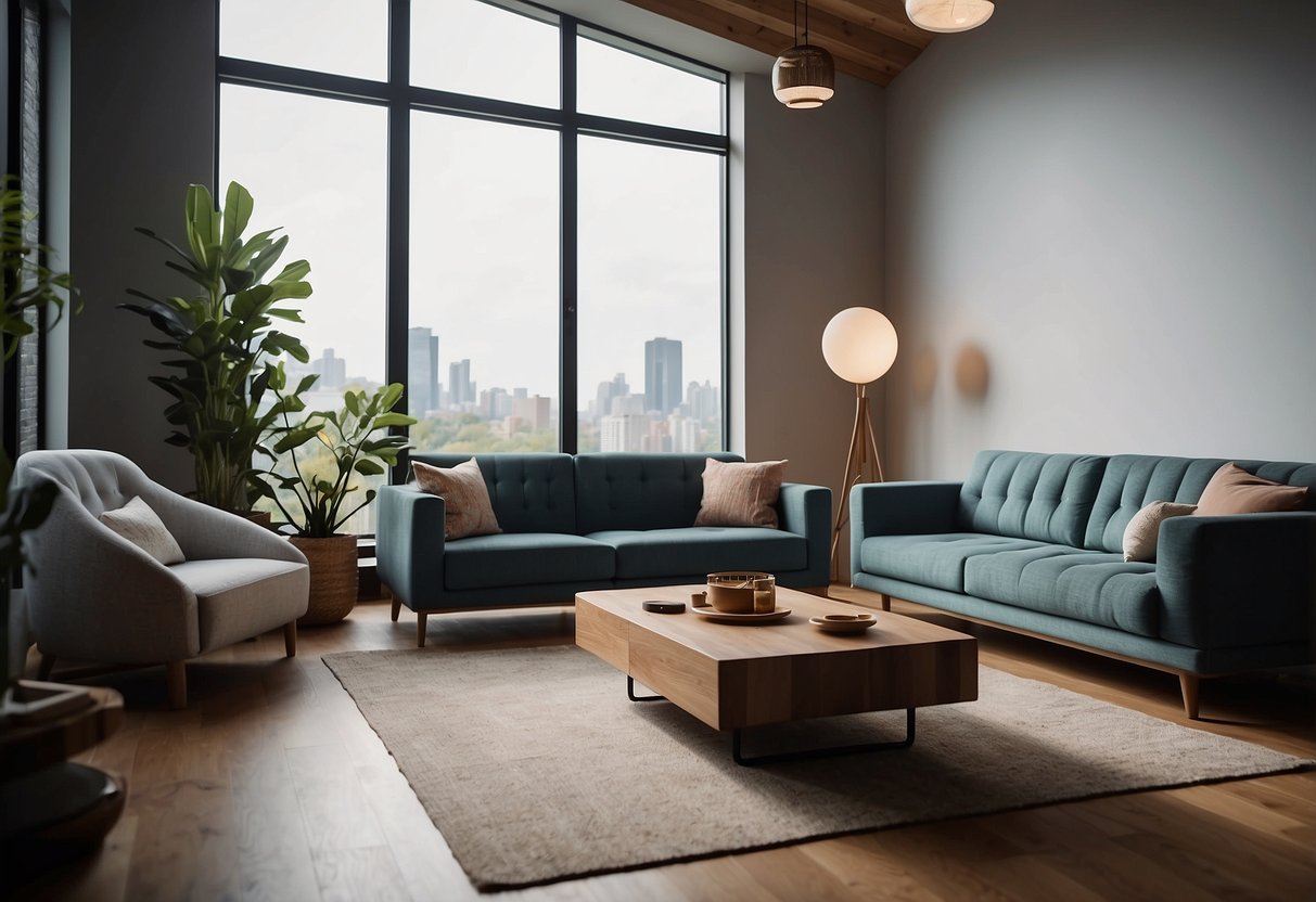 Quiet room with soft furniture, sound waves being absorbed