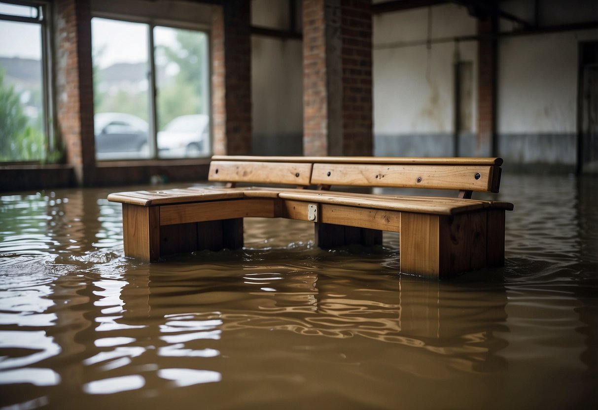 Waterlogged wood furniture sits abandoned in a flooded room, its surfaces warped and discolored by moisture