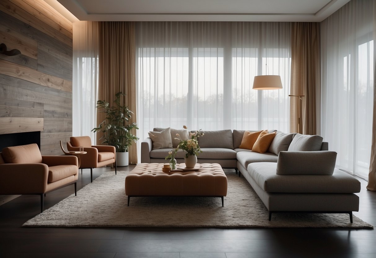 A living room with upholstered furniture, curtains, and rugs. Sound-absorbing materials like foam panels or acoustic tiles are visible on the walls and ceiling