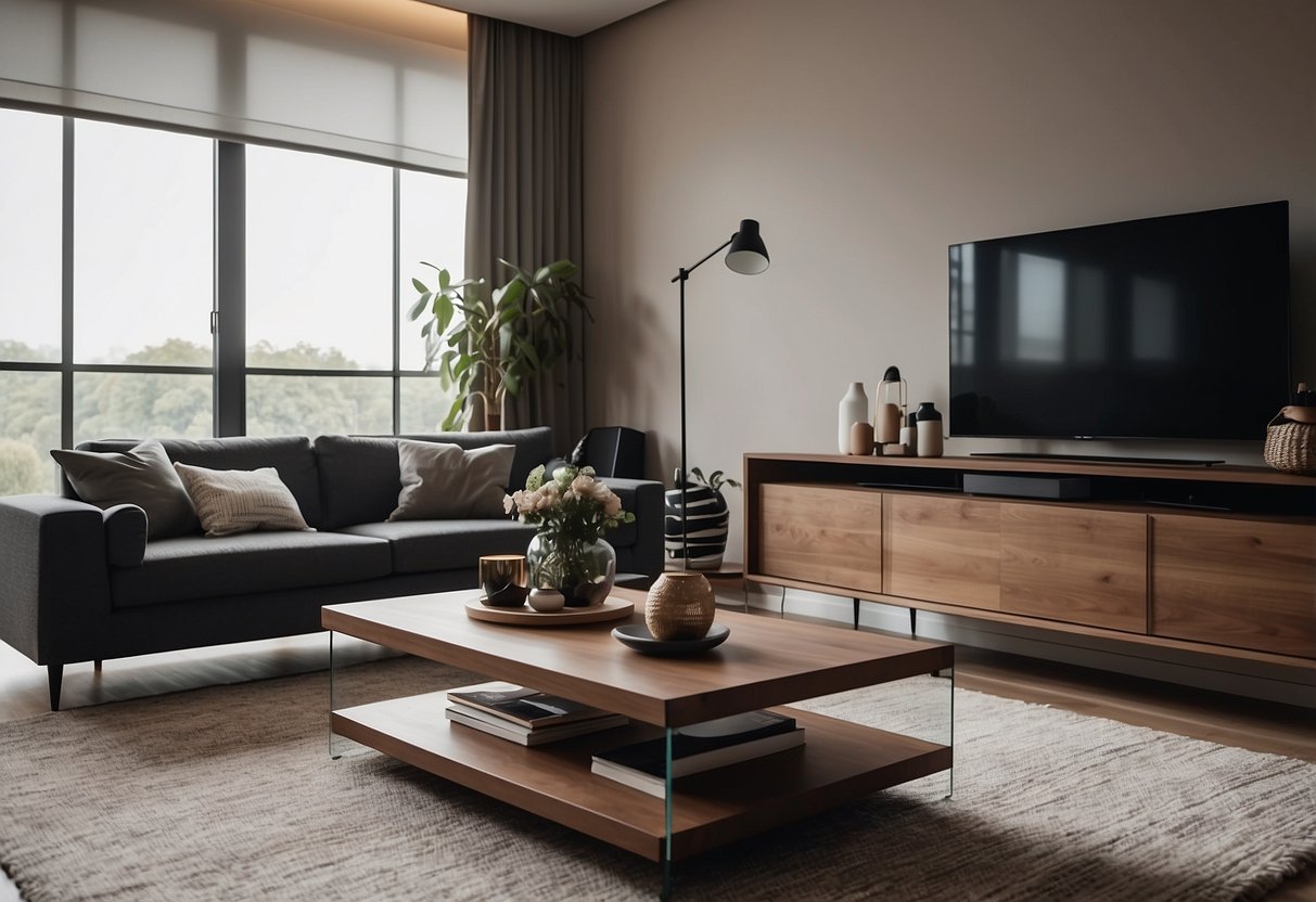 A living room with a cozy sofa, a stylish coffee table, and a sleek entertainment unit, all arranged in a harmonious and inviting manner