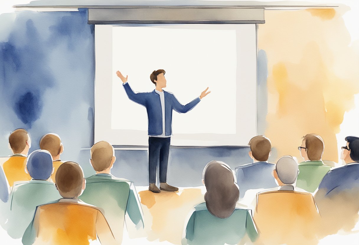 A presenter stands confidently in front of a large audience, using hand gestures to emphasize key points. Slides are projected on a screen behind them, illustrating the main ideas of the presentation