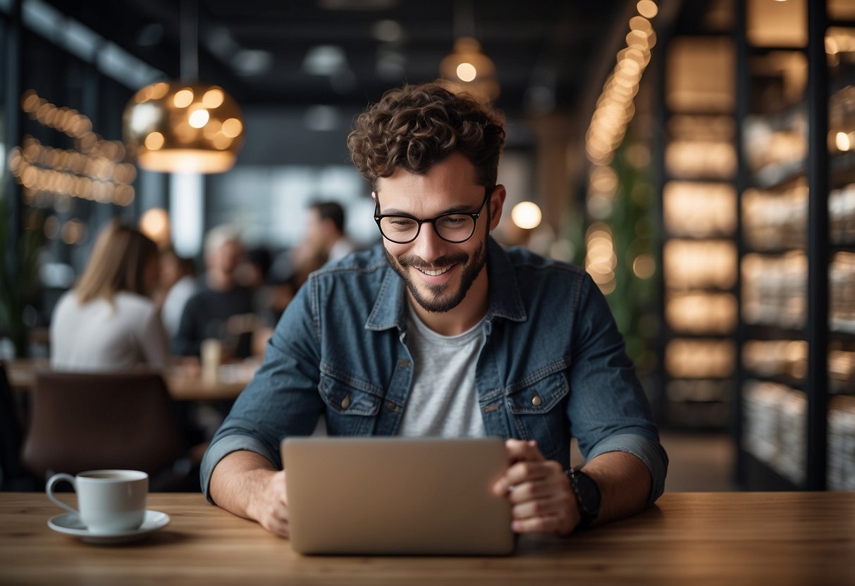 A customer browsing through a list of frequently asked questions on a digital device, with a satisfied expression on their face