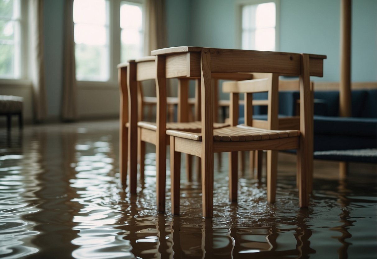 Waterlogged wooden furniture sits in a flooded room, with visible warping and discoloration from the water damage