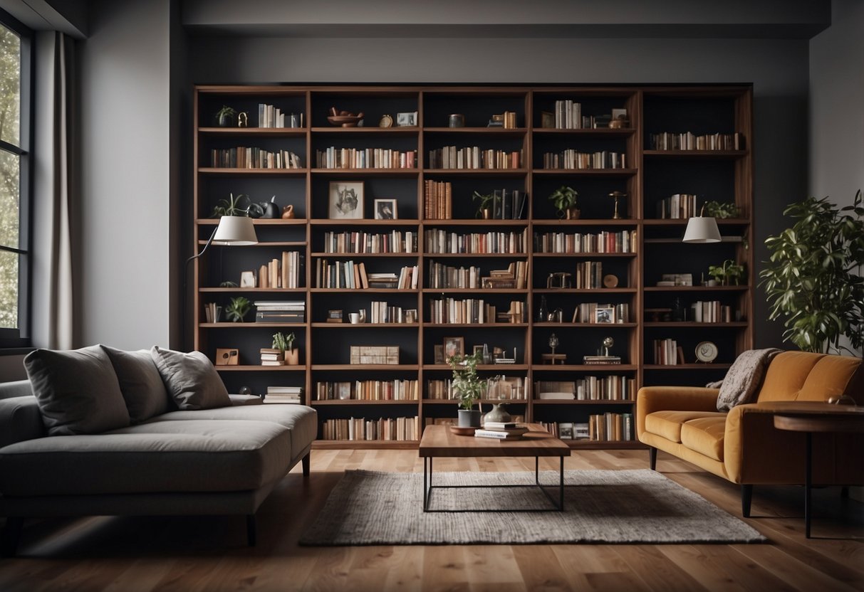 A bookshelf and sofa in a quiet room, with soundproofing materials visible