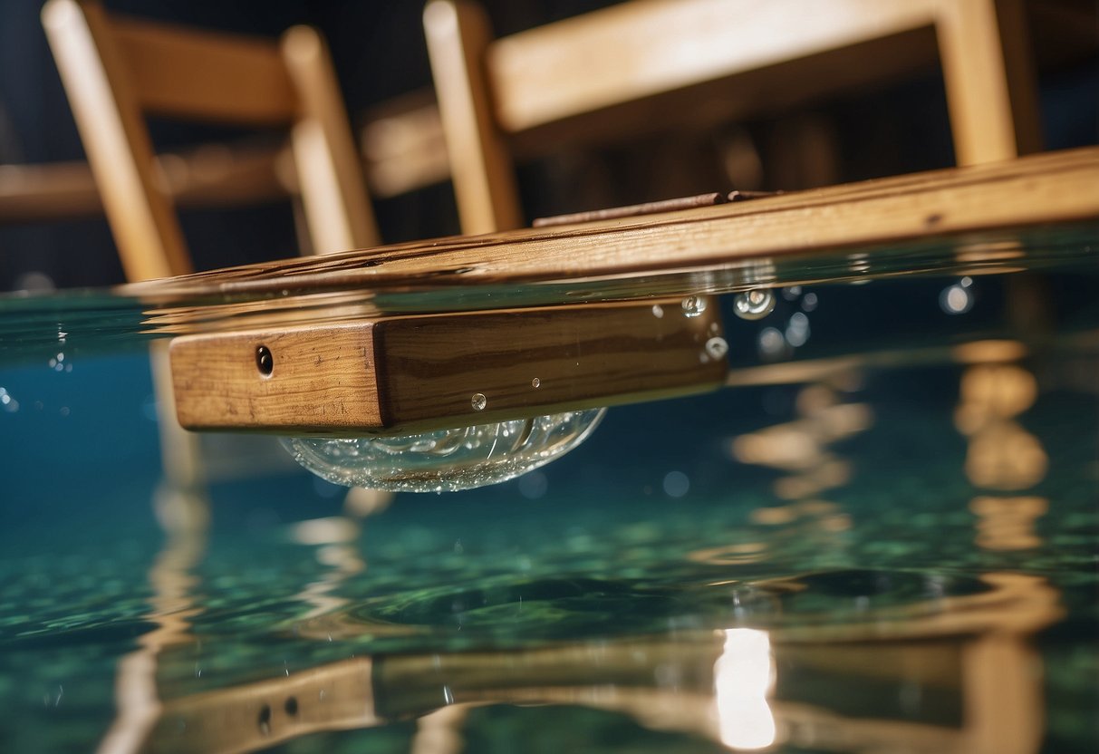 Wooden furniture submerged in water, being carefully dried and treated with restoration and prevention techniques