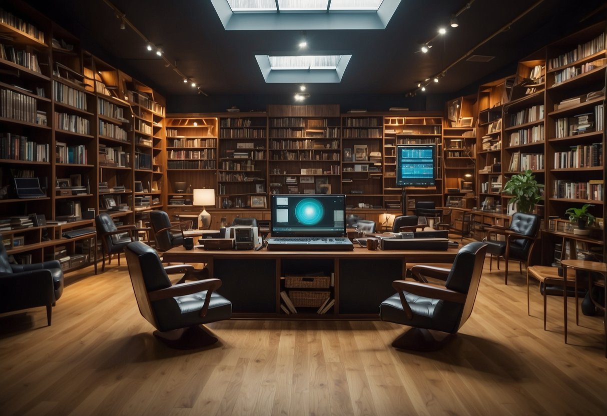 A room filled with various types of furniture, including chairs, tables, and bookshelves, with sound waves emanating from the furniture and being absorbed into the surroundings