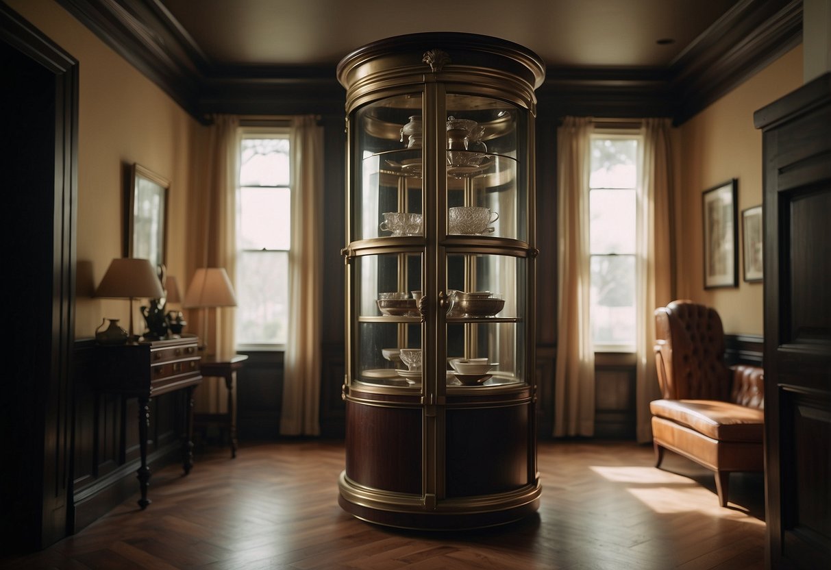 A dumbwaiter filled with furniture ascends through a narrow shaft in an old, grand mansion