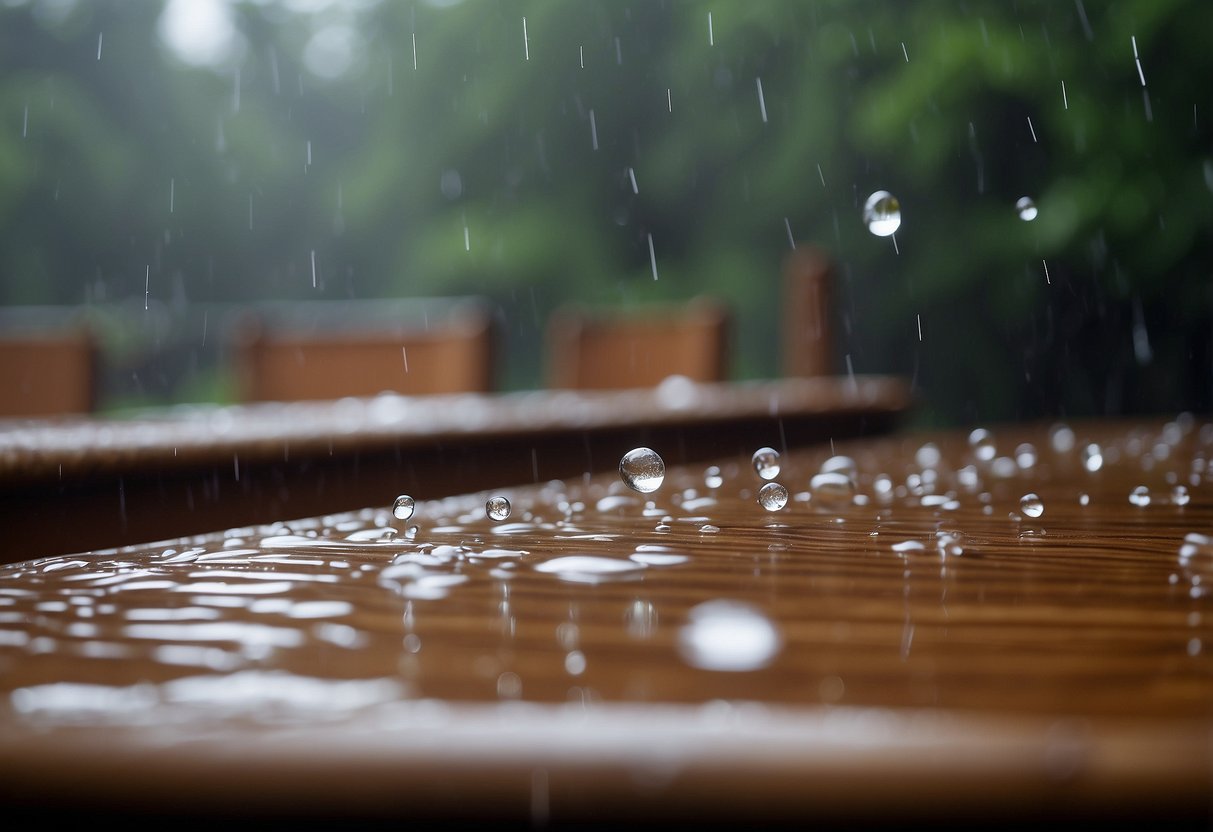 Waterlogged wood furniture surrounded by curious onlookers, with water droplets clinging to the surface and a damp, musty smell in the air