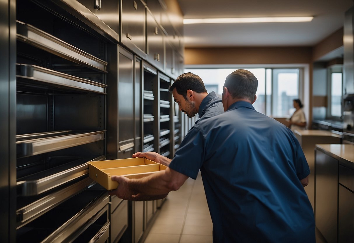 A person purchases and maintains dumbwaiter furniture, including shelves, drawers, and trays, to ensure smooth operation and organization